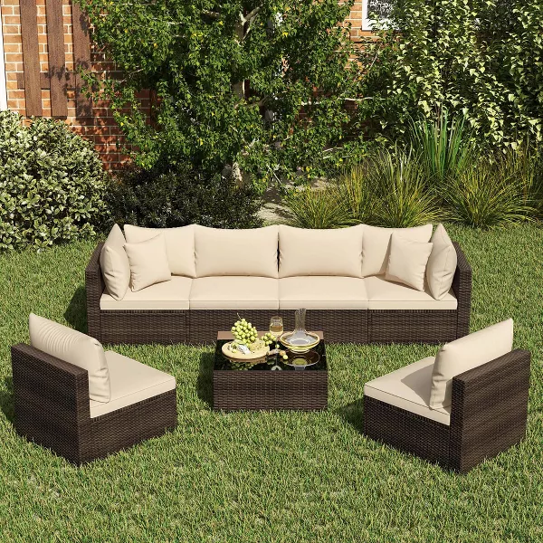 Costway 7 PCS Patio Rattan Furniture Set Sectional Sofa Cushioned Garden Brown